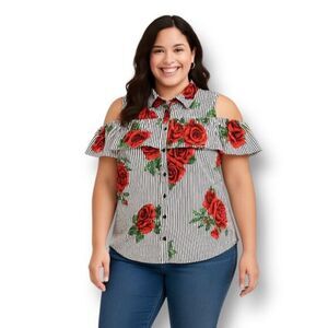 Hint of Blush XL Cold Shoulder Blouse Stripe Red Floral Ruffle Cotton Summer Top
